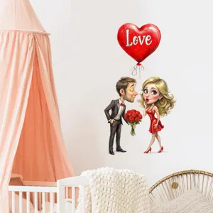 Detail view of romantic cartoon couple wall sticker with red heart balloon decoration