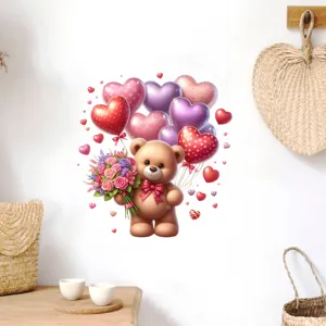 Schattige teddybeer muursticker met hartballonnen voor Valentijnsdag decoratie.