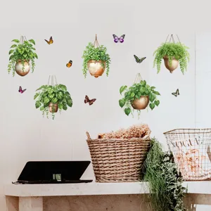 Adesivi murali con piante verdi pensili e farfalle colorate per decorazione casa