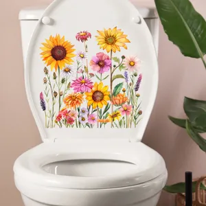 Kleurrijke waterbestendige sticker met zonnebloemen en wilde bloemen op witte wc-bril
