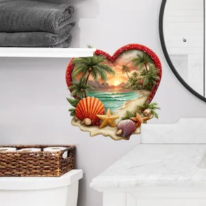 Close-up detail of a heart-shaped beach wall decal applied in a modern bathroom decor