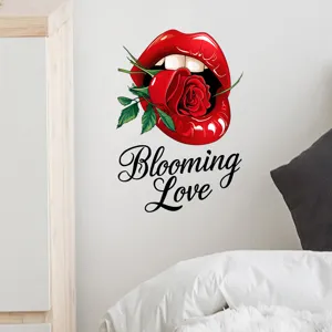 Romantic red lips and rose wall sticker with Blooming Love text in a bedroom