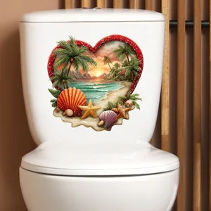 Heart-shaped beach sunset waterproof sticker on a white ceramic toilet tank.