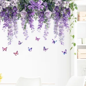 Elegant purple wisteria flower vine wall stickers with colorful butterflies decor