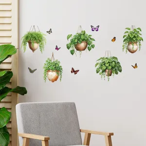 Adesivi murali piante sospese realistiche con farfalle colorate per decoro soggiorno.