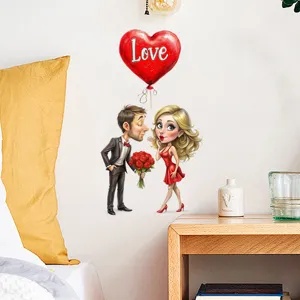 Romantic cartoon couple with red heart balloon waterproof wall decal on bedroom wall