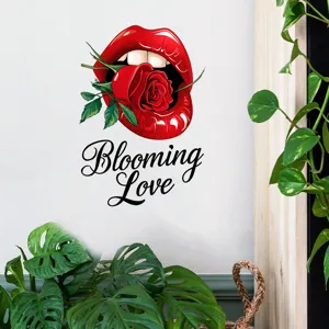 Macro view of a red lips biting rose wall sticker with 'Blooming Love' text design.