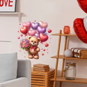 Leuke Valentijnsdag teddybeer muursticker met hartballonnen en rozen in een kamer