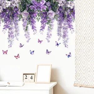 Vibrant purple wisteria flower vine and butterfly wall decals for home decor accents