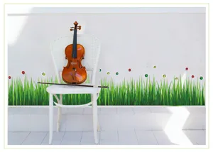 Grass and ladybug wall stickers applied to a white skirting wall with a violin prop.