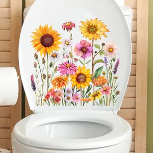 Levendige zonnebloem- en wilde bloemenstickers op een witte toiletdeksel achtergrondstijl
