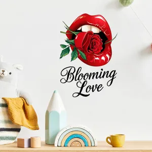 Detail view showing red lips with rose wall sticker and Blooming Love text decal