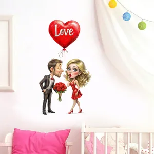 Valentine's Day cartoon couple wall sticker with red heart balloon on a white wall