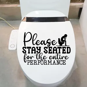 Funny "Please Stay Seated" waterproof toilet lid decal sticker in bathroom scene