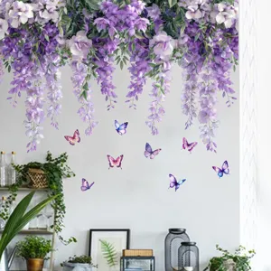 Elegant purple wisteria and butterfly wall stickers applied to a modern white living room wall