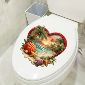 Detailed macro view of a 3D heart-shaped tropical beach sticker on a white toilet lid