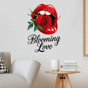 Artistic red lips with rose wall sticker with 'Blooming Love' text in a modern room