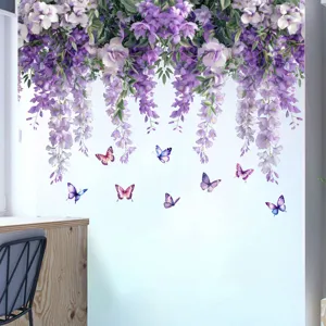 Detailed view of purple wisteria flower vine and butterfly wall stickers on a white wall