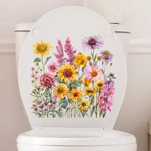 Detailweergave van een bloemen zonnebloem waterdichte sticker op een wit toiletdeksel