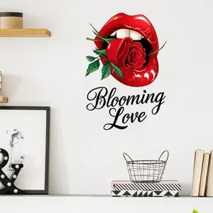 Artistic red lips biting a rose wall sticker with Blooming Love text for home decoration