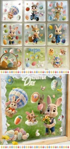 Easter bunny and hot air balloon static window stickers for festive home decoration