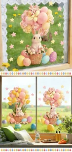 Vista dettagliata degli adesivi statici per finestre con coniglietto e uova di Pasqua.