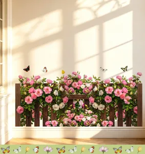 Détail d'un sticker mural 3D clôture de jardin de roses avec papillons sur un mur blanc
