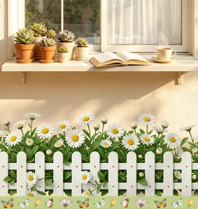 Détail d'un autocollant mural réaliste avec marguerites blanches et clôture sur un mur chaud