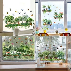Modern PVC Green Plants Butterfly Static Window Clings Removable Decorative Glass Stickers For Shop Window Home Living Room Decor