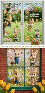 Cartoon Easter bunnies and colorful eggs static window stickers set for home decor