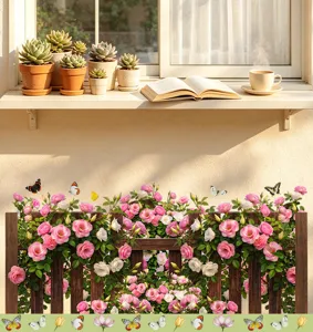 Vue détaillée d'un autocollant mural avec roses et clôture pour la décoration intérieure