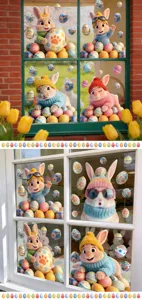 Detailed view of 3D Easter window clings featuring fluffy rabbits and colorful eggs