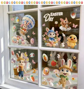Close-up of cute 3D cartoon Easter bunnies and colorful eggs window stickers decoration