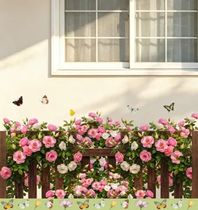 Autocollant mural de roses roses et clôture en bois avec papillons sous la fenêtre