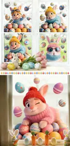 Detail of 3D Easter bunny window stickers with colorful eggs for home decor