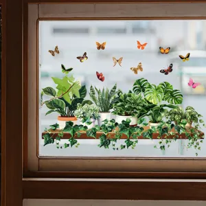 Vibrant static window stickers featuring green potted plants and colorful butterflies