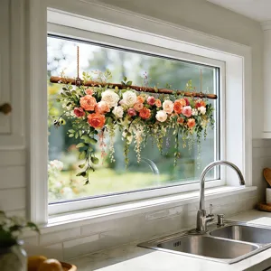 Détail d'un autocollant de fenêtre floral statique avec roses et vignes