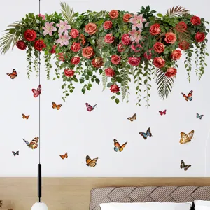 Self-adhesive wall sticker featuring hanging flower basket and butterflies in a bedroom.
