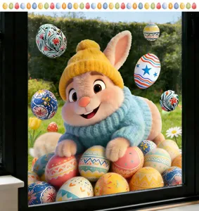 Detail showing 3D Easter bunny and colorful eggs on static window cling sticker