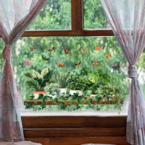 Static window decals featuring vibrant butterflies and green potted plants on glass.