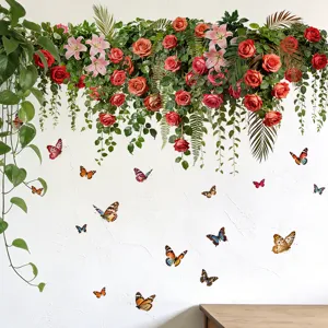 Close-up showing vibrant 3D floral hanging basket and colorful butterfly wall decals.