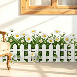 Vue détaillée d'un sticker mural marguerites et clôture blanche dans un coin de pièce