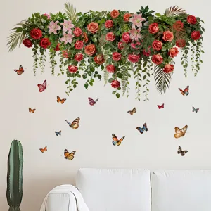 Realistic floral hanging basket and butterfly wall stickers on a white wall