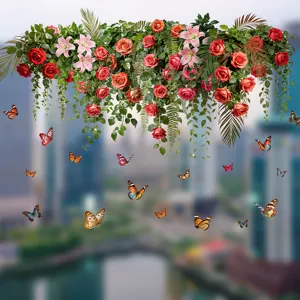 Gedetailleerde weergave van bloemenmand raamstickers met kleurrijke vlinders