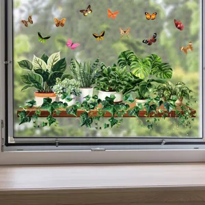 Realistic green potted plant and butterfly static window stickers for home glass decoration.