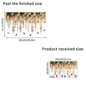 Size chart for floral wall decal comparing received size and finished application size.
