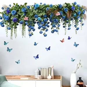 Removable wall stickers featuring blue rose floral vines and butterflies for home decor