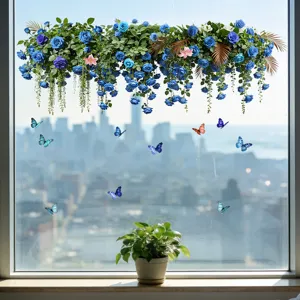 Statische raamstickers met blauwe rozen en vlinders voor glasdecoratie