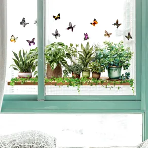 Detail showing green potted plant and butterfly static cling window stickers for glass decor