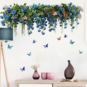 Elegant blue rose vine wall stickers with colorful butterflies for home decor detail